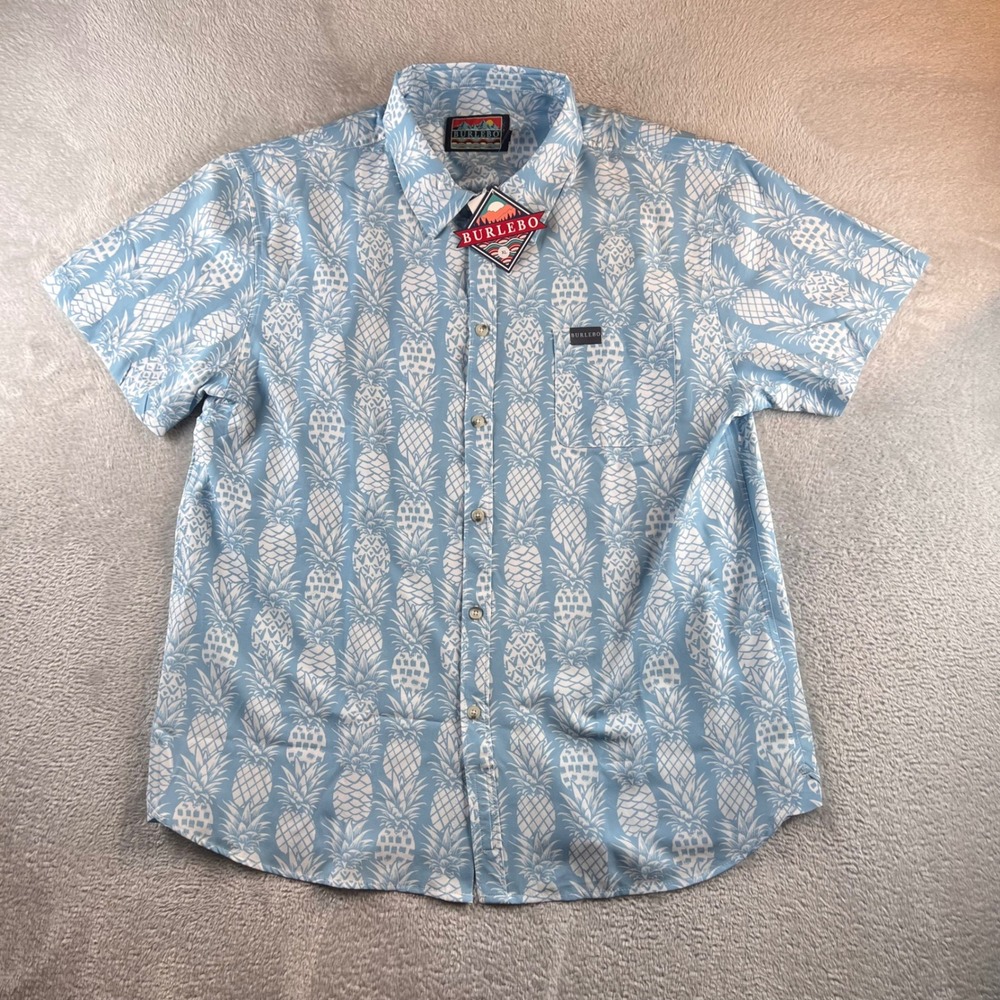 Burlebo Mens XL Short Sleeve Button Down Shirt Blue White Pineapple Print NWT